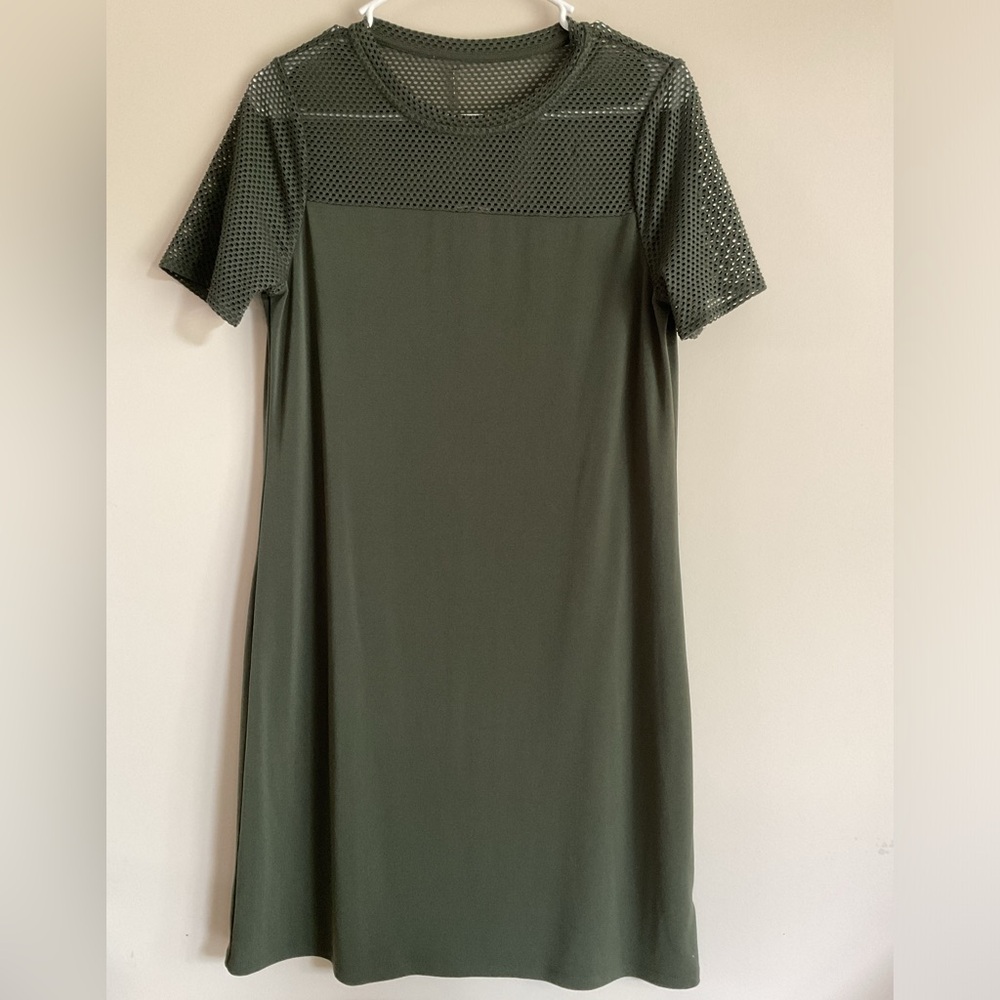 Michael Kors Olive Green Mesh Panel Midi Dress Size M Stretch Casual